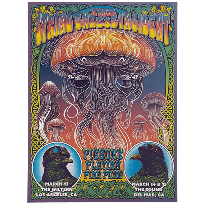 String Cheese Incident 2025 LA & Del Mar concert poster featuring psychedelic mushroom art and bird medallions by Paul Dempsey