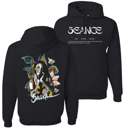 Black cotton-polyester blend hoodie featuring Saleka Seance artwork with artistic portrait design on back and text logo on front. Premium pullover sweatshirt with kangaroo pocket and adjustable drawstring hood.