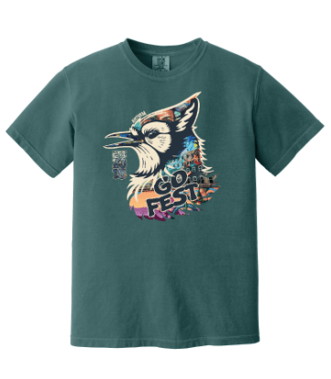 Blue spruce tee with vibrant 2025 GO Fest mural design featuring a stylized bird and colorful urban elements