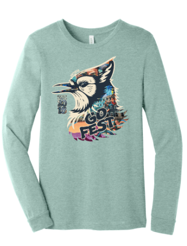 Light green long sleeve tee with colorful bird mural and GO Fest text design on front.