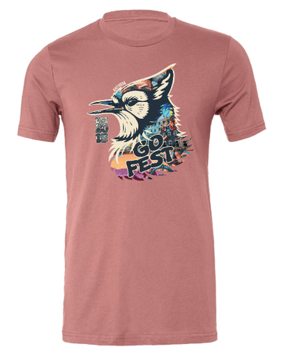 Mauve tee with a colorful woodpecker mural design and bold GO Fest text on a soft Bella Canvas shirt