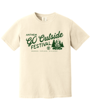 Ivory unisex tee with green GO Outside Festival campfire design and nature graphics for outdoor adventure fans