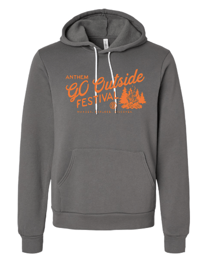 Asphalt grey pullover hoodie with orange campfire graphic and GO Outside Festival text on front, cozy and stylish design.