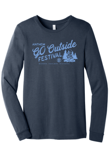 Heather navy long sleeved tee with GO Outside Festival campfire design printed on front for outdoor event fans