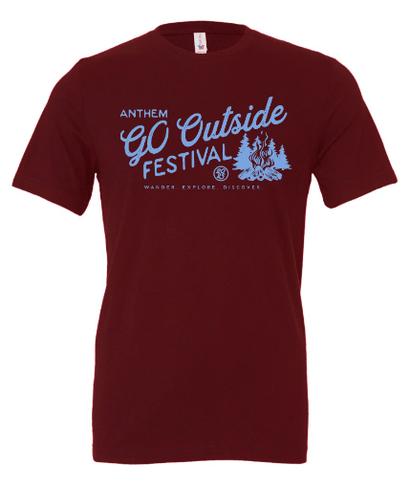 Maroon unisex tee featuring a blue campfire design and GO Outside Festival text for outdoor enthusiasts.