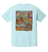 Light blue heavy tee with colorful outdoor circus and festival design and bicycle graphic on the back