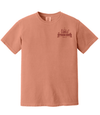 Terracotta short sleeve heavy cotton tee with small outdoor circus design on the chest perfect for outdoor fun days