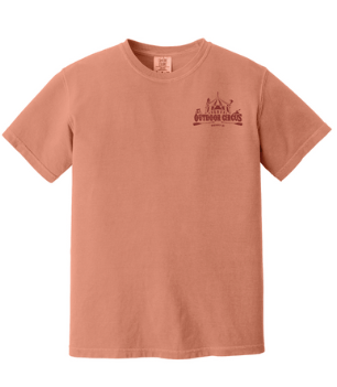 Terracotta short sleeve heavy cotton tee with small outdoor circus design on the chest perfect for outdoor fun days