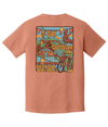 Terracotta GO Fest tee with colorful outdoor circus festival design featuring tents, balloons, and a bicycle on back