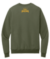 Military green crewneck sweatshirt with small yellow outdoor circus design on back neckline