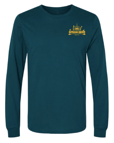 Atlantic blue long sleeve tee with yellow outdoor circus logo on chest, casual and comfortable for outdoor events