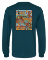 Long sleeve tee in Atlantic with colorful GO Fest Outdoor Circus festival design on the back