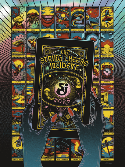 Dark hands holding a tarot card style poster with The String Cheese Incident 2025 text and colorful illustrated cards background