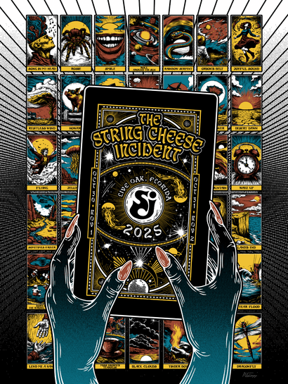 Dark blue hands with red nails holding a black tablet featuring The String Cheese Incident 2025 poster surrounded by tarot card illustrations