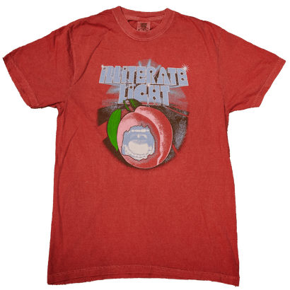 Rust-colored shirt with graphic of a sliced peach and retro text reading Illiterate Light in faded blue tones