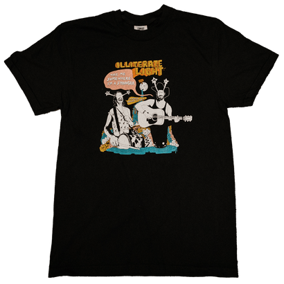 Black t-shirt featuring two musicians playing guitar with speech bubbles and bold stylized text above them.