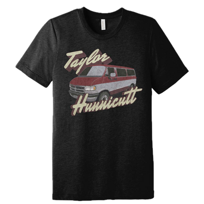 Taylor Hunnicutt red and white dodge tour van design on charcoal t-shirt