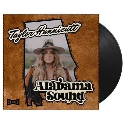 Alabama Sound vinyl album cover featuring state outline with artist photo, rustic leather background, and black record peeking out. Displays album and artist name in stylized text.