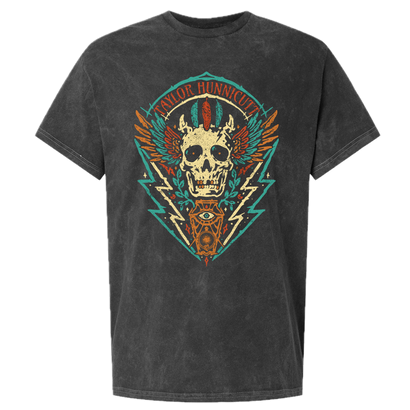 Skull design and Taylor Hunnicutt stylized font on mineral washed black t-shirt