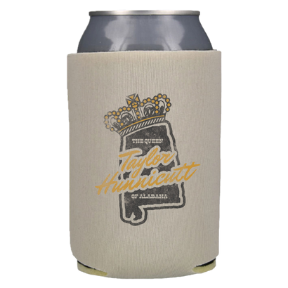 Alabama state shape with queen's crown graphic on tan koozie