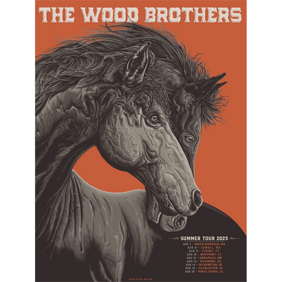 Illustrated poster of two horses with flowing manes against an orange background featuring The Wood Brothers text and tour dates.