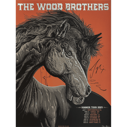 Illustrated poster with two horses and The Wood Brothers text featuring summer tour dates and artist signature on orange background