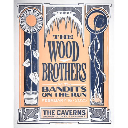 Woodcut poster with sunflower, moon, and fire illustrations featuring The Wood Brothers with Bandits On The Run at The Caverns text