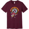 SCI Dancing Heart Tee featuring a whimsical animated character with a guitar, set against an oxblood background. The design shows The String Cheese Incident's logo with vibrant blue, orange, and purple colors in a playful, psychedelic style created by artist Paul Dempsey.