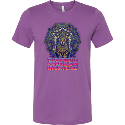 SCI Jaguar Tee featuring an ornate mandala-style jaguar design in blue and gold on a royal purple t-shirt, with decorative psychedelic text beneath the illustration in pink and blue tones, perfect for music and festival enthusiasts