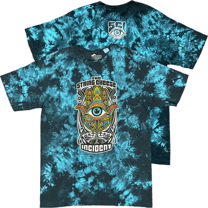 Tie-dye t-shirt with graphic design and brand logo on a black background