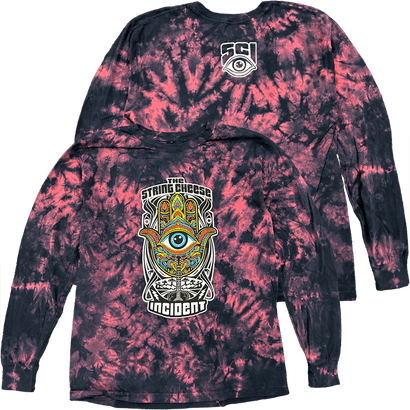 Tie-dye long-sleeve shirt with a colorful graphic design on a black background