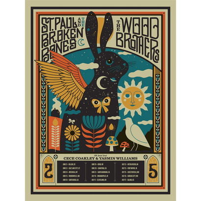 Vintage style poster with a black rabbit, orange wing, sun, moon, flowers, and tour dates for TWB 2025 and St. Paul & The Broken Bones