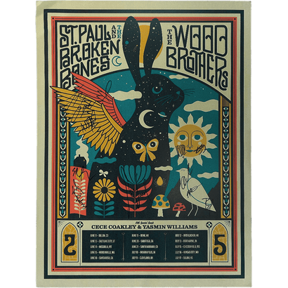 Vintage style concert poster with a black winged rabbit, sun, moon, flowers, and tour dates in stylized text