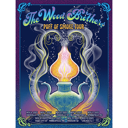 Colorful psychedelic poster for The Wood Brothers Puff of Smoke Tour with a stylized smoking teapot design