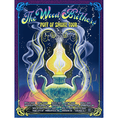 Colorful poster with an ornate smoking lamp and The Wood Brothers Puff of Smoke Tour dates and locations in decorative lettering