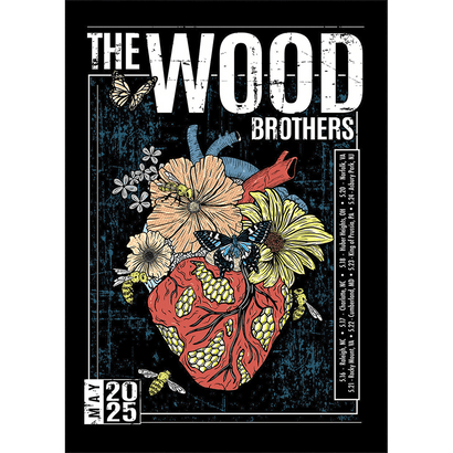 Black tour poster with a detailed anatomical heart covered in flowers, bees, and butterflies for May 2025 tour