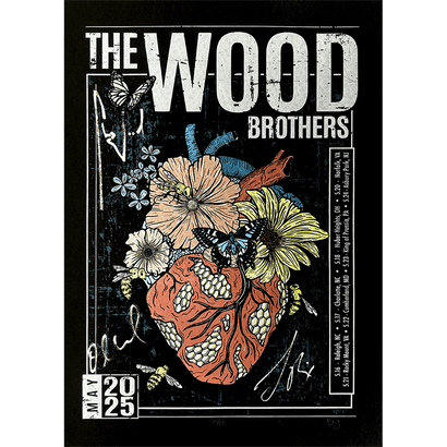 Black tour poster featuring a detailed anatomical heart with flowers, butterflies, and The Wood Brothers text May 2025
