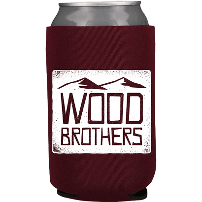 Maroon can cooler featuring a white rectangular logo with mountain peaks and the text Wood Brothers in block letters