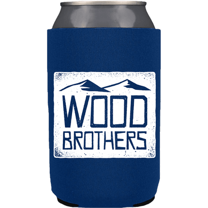 Royal blue can cooler featuring a white rectangle with mountain graphics and the text Wood Brothers in distressed font