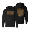 Black Hoodie front and back. Wood grain front graphic with band name, and full back graphic with text and circular wood grain image.