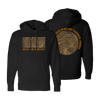 Black Hoodie front and back. Wood grain front graphic with band name, and full back graphic with text and circular wood grain image.