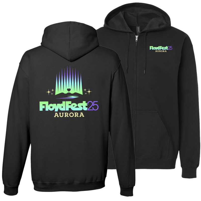 FloydFest '25 Aurora Zip Hoodie featuring a black cotton blend design with glow-in-the-dark aurora-inspired logo on back and small logo on front chest. Full-zip closure with hood and kangaroo pockets in classic festival merchandise style.