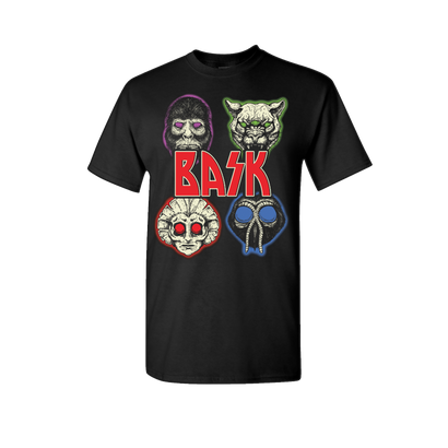 Bask Cryptic Kiss Character Graphic on a black t-shirt