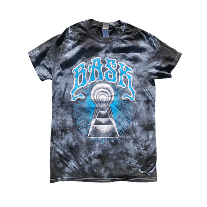 Bask two color keyhole graphic on a black tie-dye t-shirt