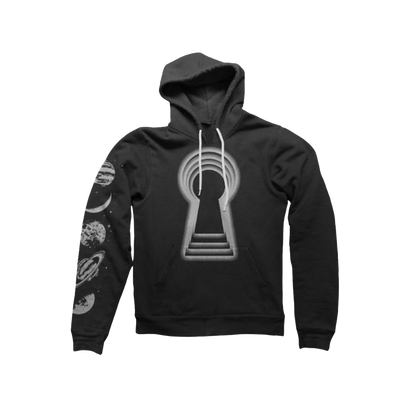 Bask Keyhole hoodie front keyhole graphic and planetary sleeve print