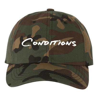 Camo adjustable dad hat with embroidered white script logo reading Conditions on front panel