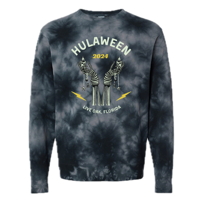 Tie-dye gray crewneck sweatshirt featuring Hulaween 2024 event logo with skeletal hands holding lightning bolts, Live Oak, Florida text, and smoky background effect