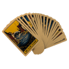 Deck of tarot cards fanned out featuring colorful illustrations including the 100 Year Flood card with a wave and houses
