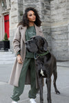 Person wearing Goblin Suit Ultra Cozy in forest green, featuring a cozy sweatshirt and matching pants, paired with a beige wool coat, standing next to a large black Great Dane dog against a stone building with a red door in the background.