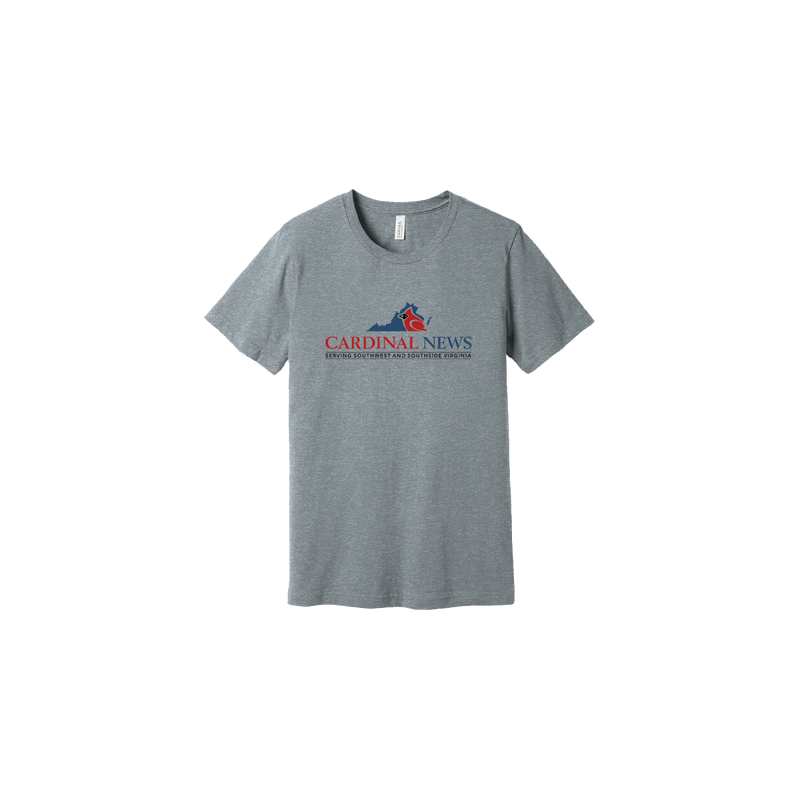 Cardinal News Logo Tee in heather grey featuring the Cardinal News logo in red text with blue bird emblem centered on front of comfortable cotton-blend t-shirt with crew neckline and short sleeves